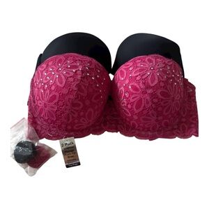 Bebe 2-Piece Bra Set Pink Embellished and Black Push-Up Size 36D with Straps NWT